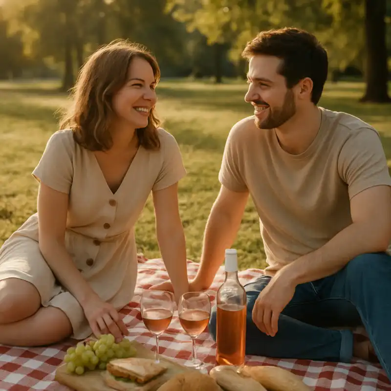 Couple having a picnic in a park on a sunny afternoon