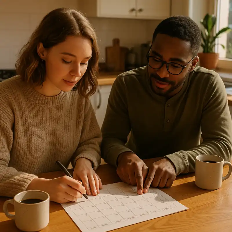 Couple planning their schedule together at a kitchen table