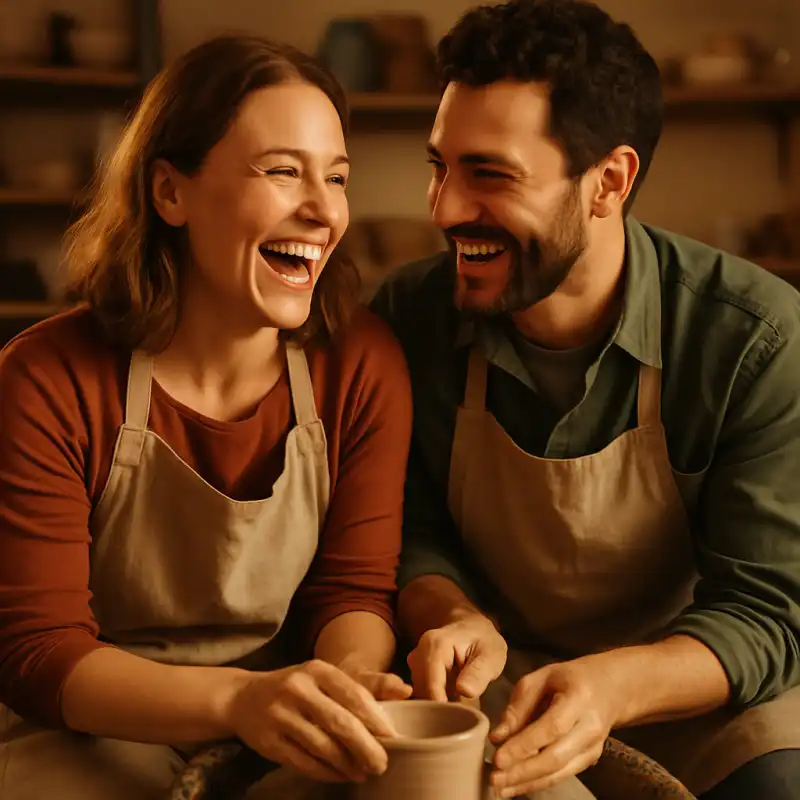 Couple trying a new activity together and laughing