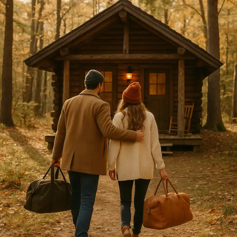 Couple arriving at a cozy cabin in the woods with overnight bags
