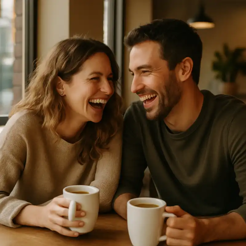 Couple laughing together at a coffee shop