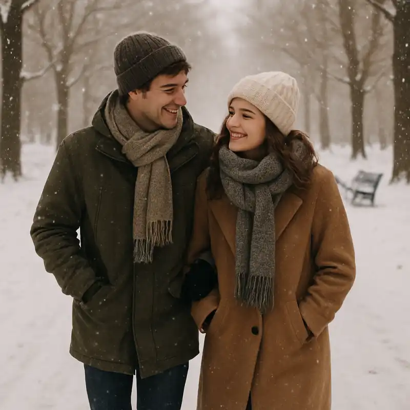 Couple bundled up and walking through a snowy park together