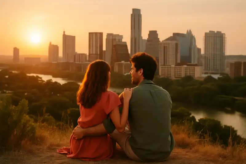 Couple enjoying Austin skyline at sunset from a hilltop