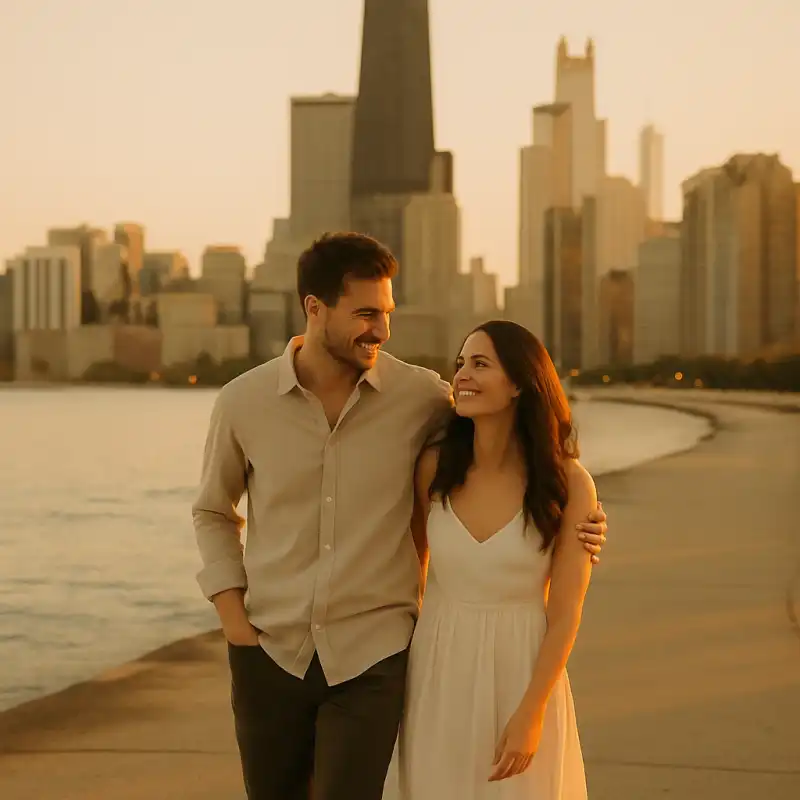 Couple walking along Chicago's lakefront at golden hour