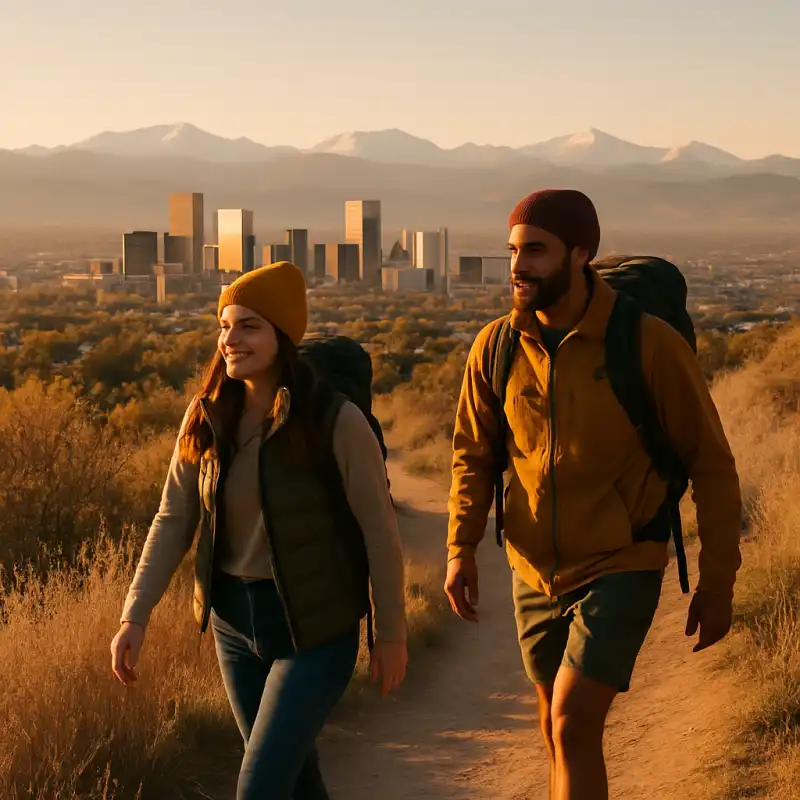 Couple hiking a trail with Denver skyline and mountains in the background