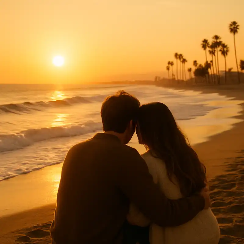 Couple watching the sunset at a Los Angeles beach