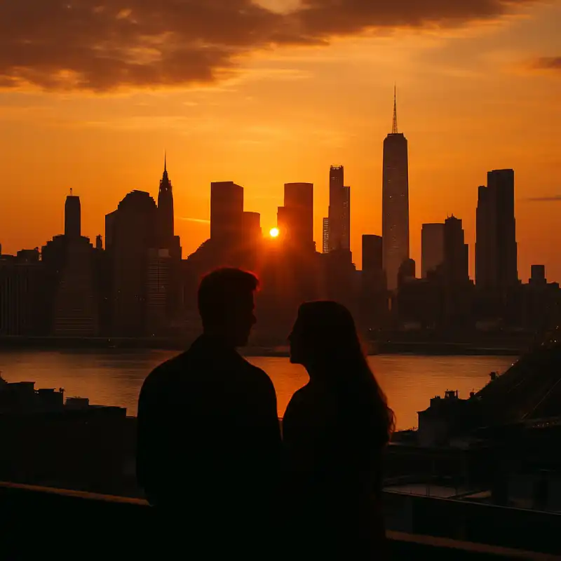 Couple enjoying a sunset view from a Brooklyn rooftop