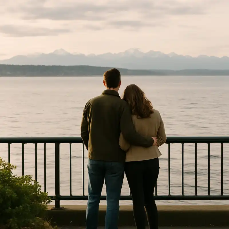 Couple overlooking Puget Sound from a Seattle waterfront park