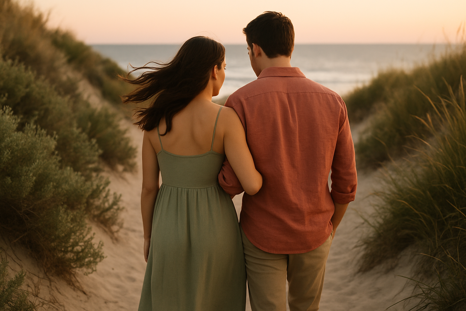 Couple walking arm-in-arm along a coastal path at golden hour
