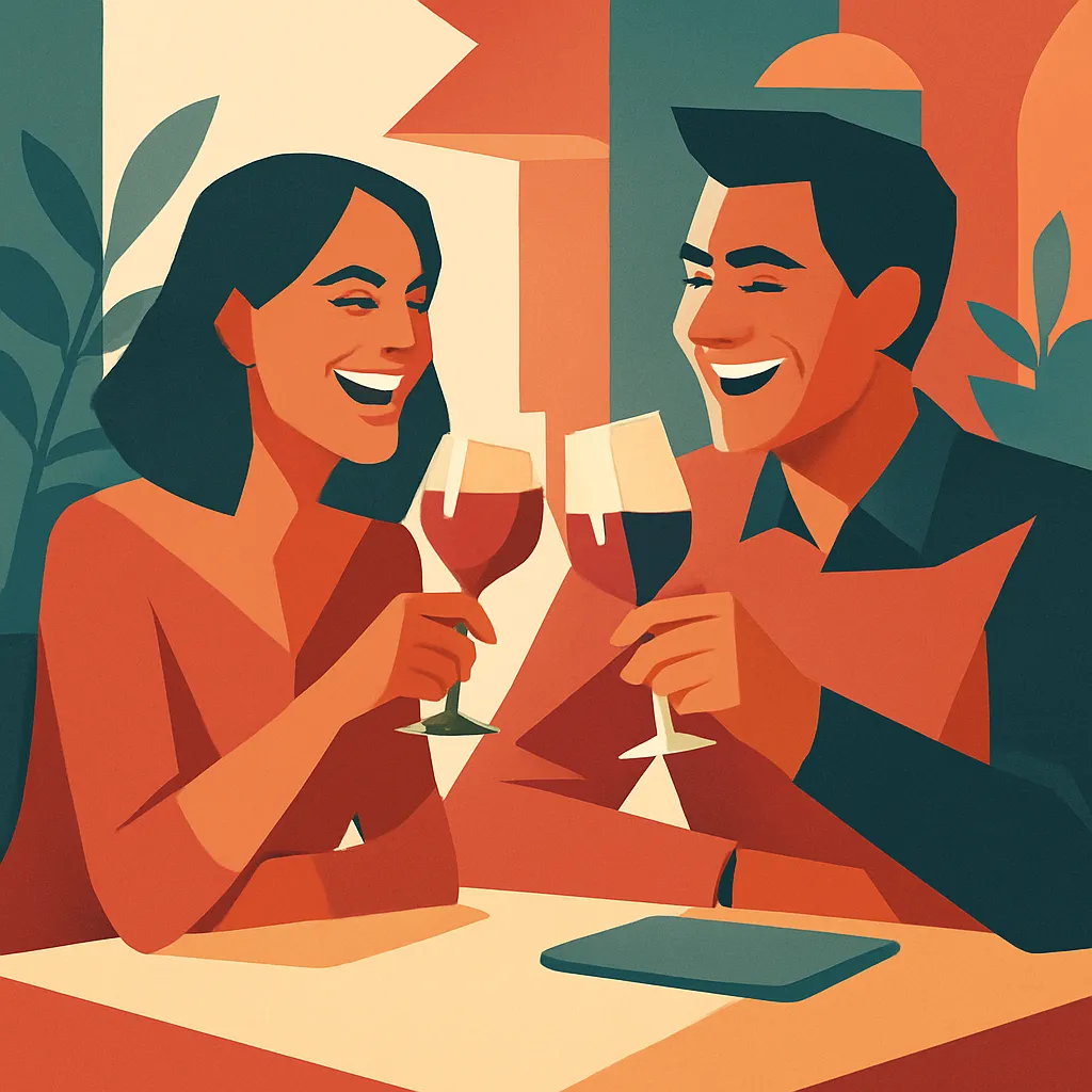 Couple laughing together over dinner on date night