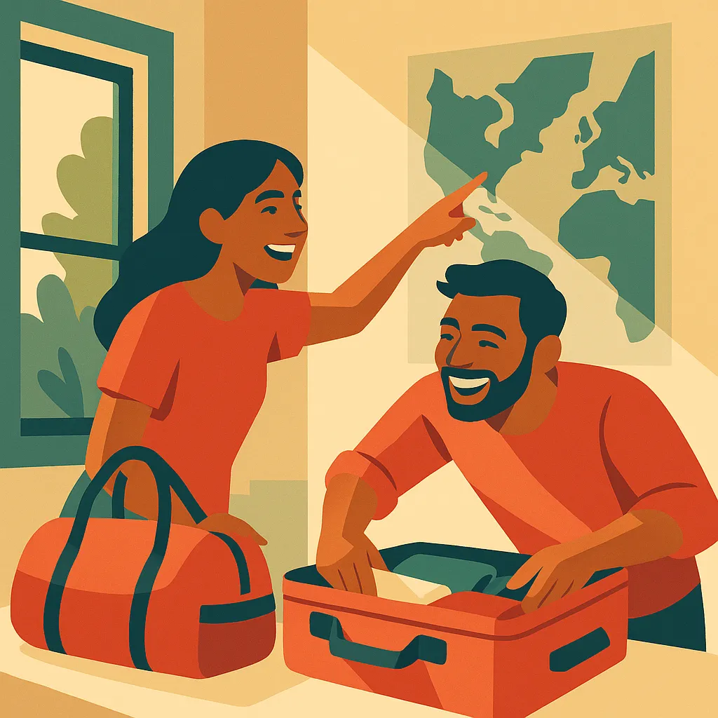 Couple packing excitedly for a weekend getaway